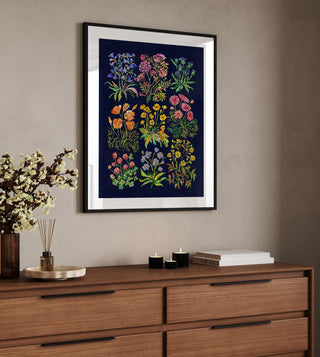 "Nine Flowers" Art Print in Dark Blue: Botanical Wall Art from Jean Choe Art & Design - Giclée