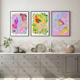 "Orange Grove Twinspot" Print: Vibrant Bird and Citrus Wall Décor from Jean Choe Art & Design - Giclée