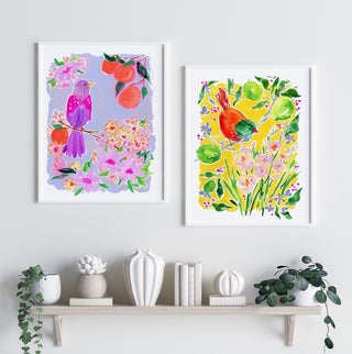 "Orange Grove Twinspot" Print: Vibrant Bird and Citrus Wall Décor from Jean Choe Art & Design - Giclée