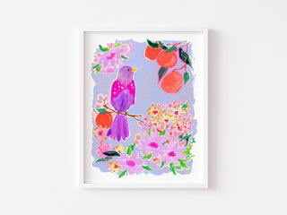 "Orange Grove Twinspot" Print: Vibrant Bird and Citrus Wall Décor from Jean Choe Art & Design - Giclée