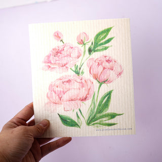 Pink Peony Swedish Dishcloth: Reusable Floral Kitchen Wipe from Jean Choe Art & Design - Reusable Paper Towels