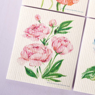 Pink Peony Swedish Dishcloth: Reusable Floral Kitchen Wipe from Jean Choe Art & Design - Reusable Paper Towels
