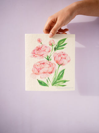 Pink Peony Swedish Dishcloth: Reusable Floral Kitchen Wipe from Jean Choe Art & Design - Reusable Paper Towels