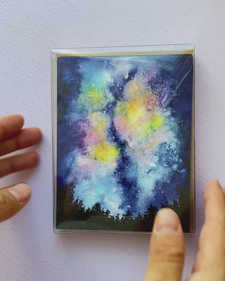 Video showing Jean Choe's greeting card set of watercolor night sky galaxy paintings