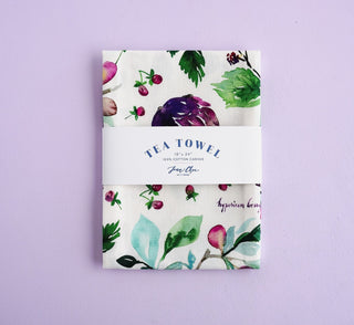 Purple Botanical Tea Towel: Stylish Cotton Tea Towel for Everyday Tasks from Jean Choe Art & Design - Kitchen & Tea Towels