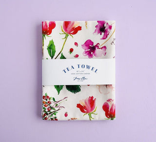 Red Botanical Tea Towel. Decorative Cotton Tea Towel for Kitchen. from Jean Choe Art & Design - Kitchen & Tea Towels