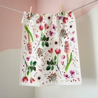 Red Botanical Tea Towel. Decorative Cotton Tea Towel for Kitchen. from Jean Choe Art & Design - Kitchen & Tea Towels