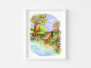 Spring Comes Gently Art Print – Watercolor Fawn in Peaceful Woodland Scene from Jean Choe Art & Design - Giclée