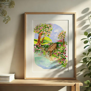 Spring Comes Gently Art Print – Watercolor Fawn in Peaceful Woodland Scene from Jean Choe Art & Design - Giclée