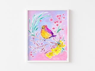 "Star Flower Finch" Art Print: Bird and Pink Floral Wall Décor from Jean Choe Art & Design - Giclée