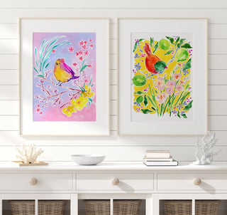 "Star Flower Finch" Art Print: Bird and Pink Floral Wall Décor from Jean Choe Art & Design - Giclée