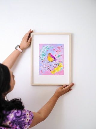 "Star Flower Finch" Art Print: Bird and Pink Floral Wall Décor from Jean Choe Art & Design - Giclée