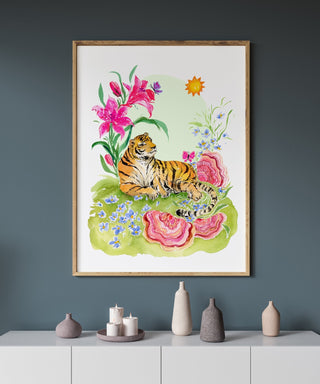 Sunbathing Tiger: Jungle Wildlife and Nature Art Print from Jean Choe Art & Design - Giclée