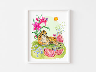 Sunbathing Tiger: Jungle Wildlife and Nature Art Print from Jean Choe Art & Design - Giclée