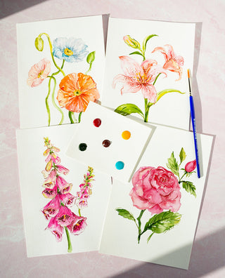 Watercolor Fun Kit: Florals 1, All - In - One Kit with Outlined Pages from Jean Choe Art & Design - Kits